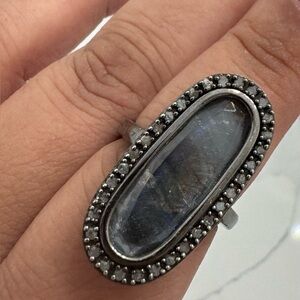 Sterling Silver glass and cz elongated raised ring in gun metal